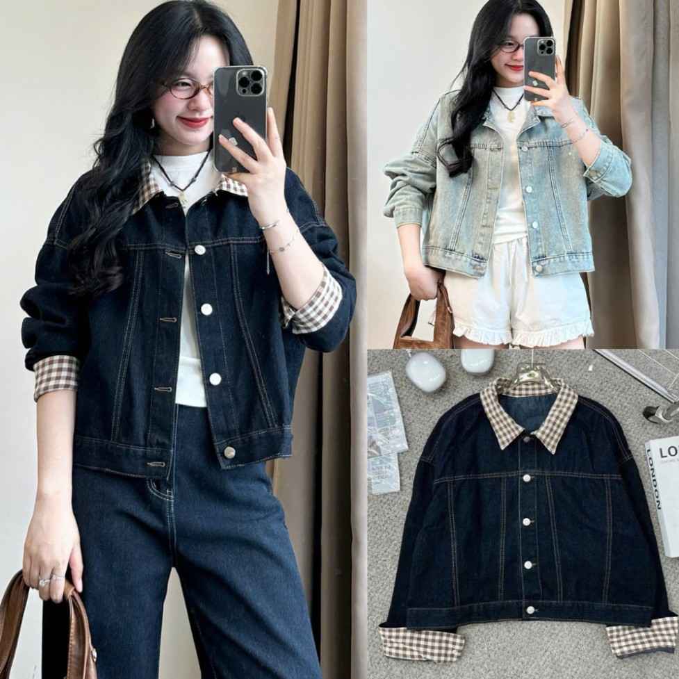 Áo khoác Jeans Dáng Ngắn MIAA Form Unisex Màu Xanh Đậm, Áo khoác jeans nữ phối cổ và tay kẻ caro nâu