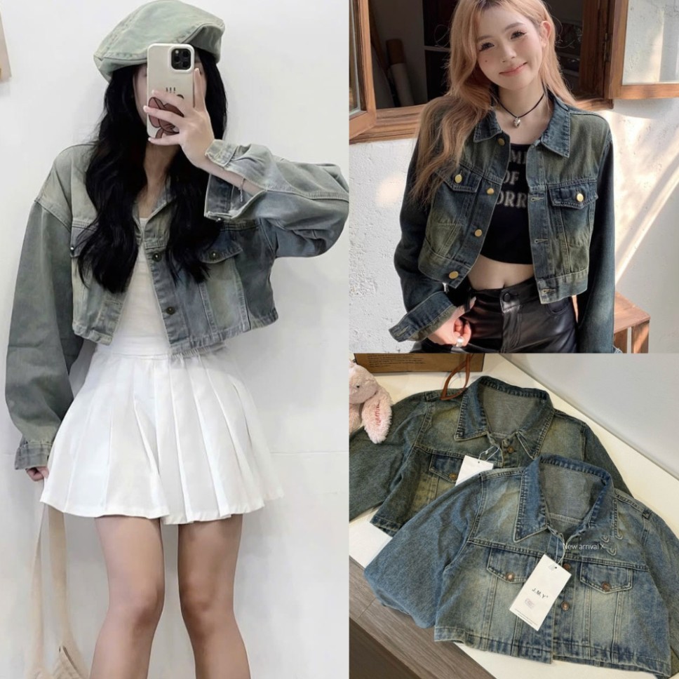 Áo Khoác Jean Croptop Màu Bụi Wash Denim Jacket MIAA,Áo khoác jean form CROPTOP form unisex nam nữ d