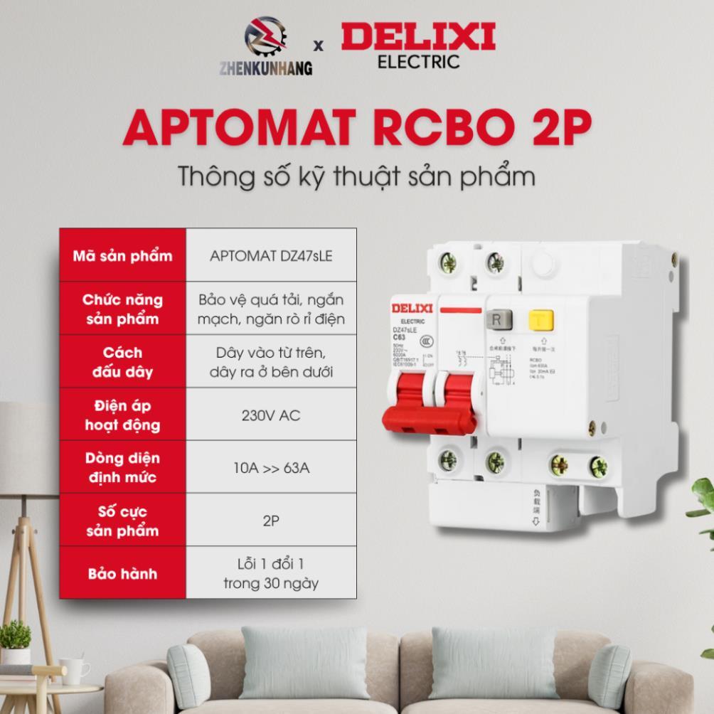 Aptmat RCBO Chống rò, Chống giật, chống quá tải DZ47sLE 2P Chính Hãng DELIXI