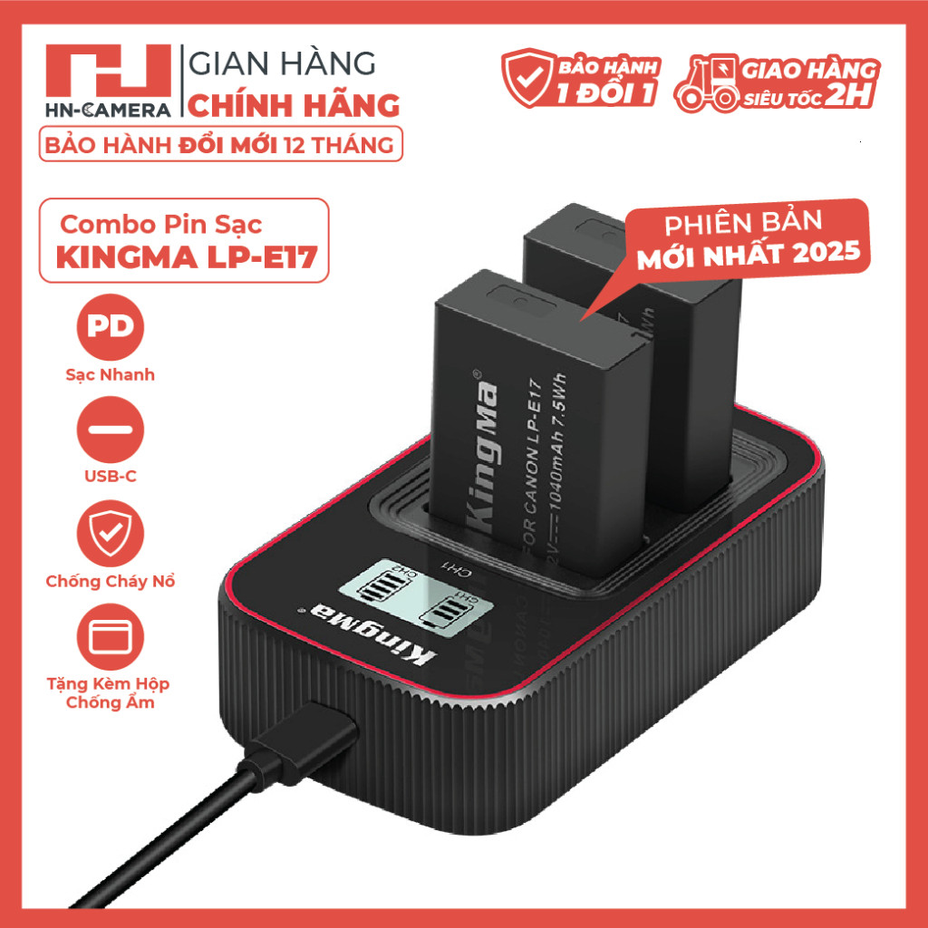 BỘ SẠC VÀ 2 PIN KINGMA LP-E17 BẢN MỚI CHÍNH HÃNG CHO MÁY ẢNH CANON ( BẢN MỚI 2026)