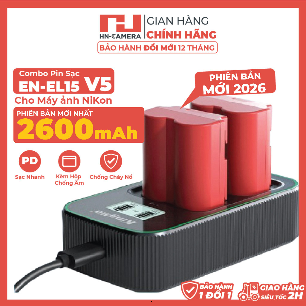 Bộ Sạc đôi và Pin KingMa EN EL15C V5 2400 cho Máy ảnh NiKon (Bản mới 2026)