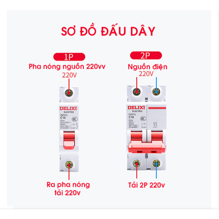 Aptomat 2P 10A-63A Delixi DZ47s 6KA – MCB Chống Quá Tải, Chống Chập Điện, Lắp Thanh DIN