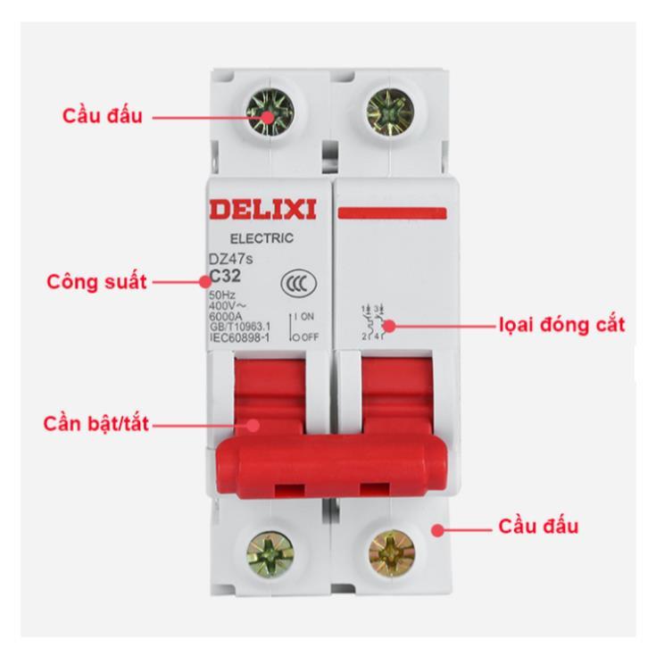 Aptomat 2P 10A-63A Delixi DZ47s 6KA – MCB Chống Quá Tải, Chống Chập Điện, Lắp Thanh DIN