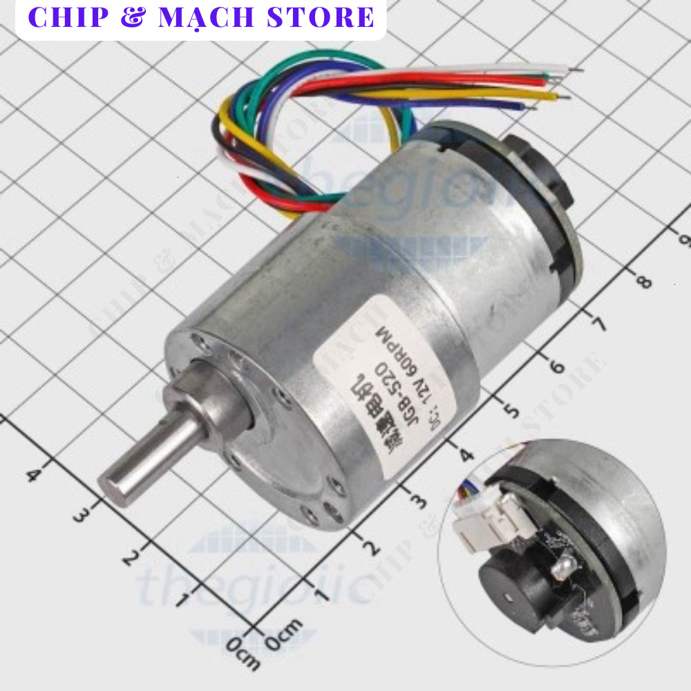 JGB37-520 Động Cơ Giảm Tốc Có Encoder 12VDC, 60 rpm, Trục 6mm Chip & Mạch Store