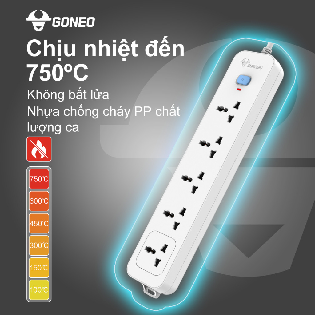 Ổ Cắm Điện Chống Cháy GONGNIU - 5 Ổ Đa Năng 1 Công Tắc – Công Suất 10A/250/2500W – N1050