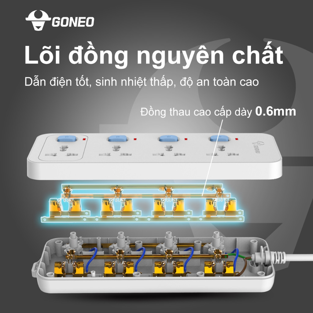 Ổ Cắm Điện Chống Cháy GONGNIU - 5 Ổ Đa Năng 1 Công Tắc – Công Suất 10A/250/2500W – N1050
