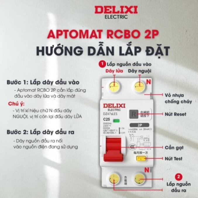 RCBO Aptomat chống giật, chống rò, chống quá tải DZ47sLES Loại 2p ngắt cả pha lửa và pha mát