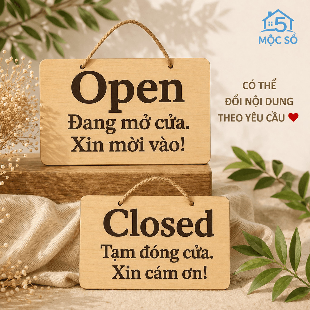 Bảng Gỗ Song Ngữ "Open/Close, đang mở cửa/tạm đóng cửa" | Bảng Gỗ Treo Cửa Có Sẵn Dây Treo | Trang T