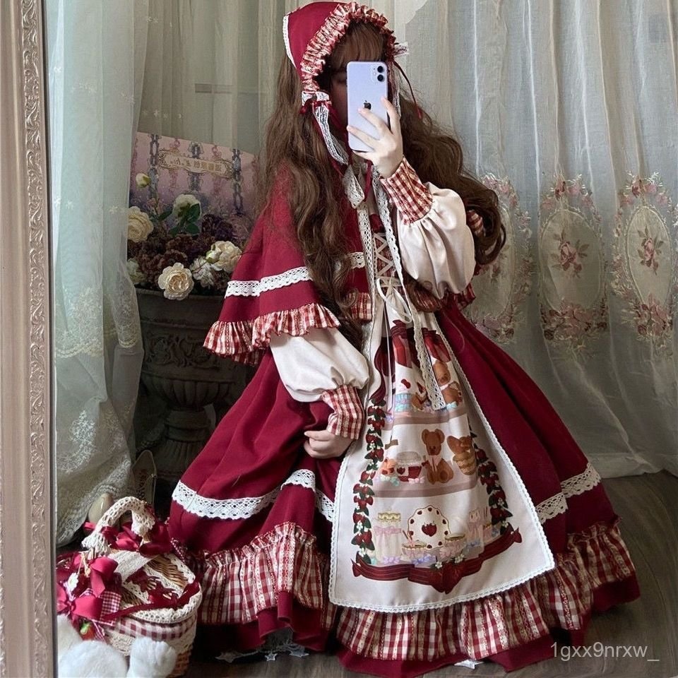 Cô bé quàng khăn đỏ Lolita Dễ Thương coslolita Váy Lolita kiểu Nhật, bộ đầy đủ theo phong cách ngọt 