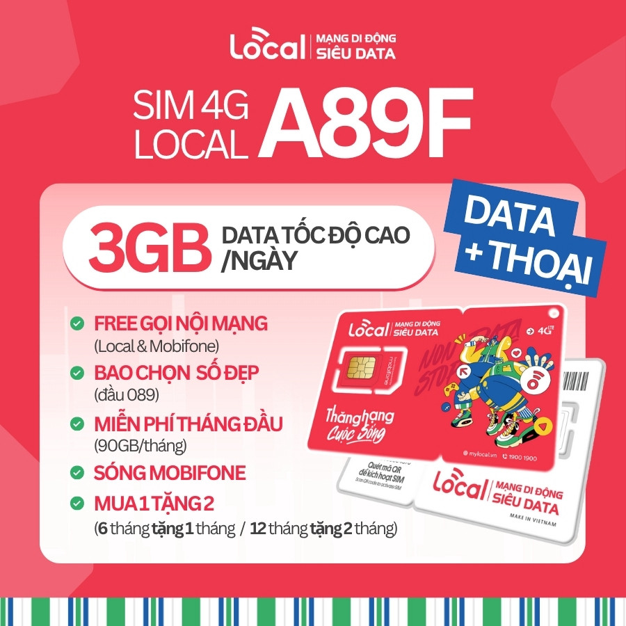 Sim Data 4G-5G Local có eSIM A89F 90GB/Tháng Tốc Độ Cao Miễn Phí Gọi Nội Mạng Chọn Số Đẹp Thoải Mái 