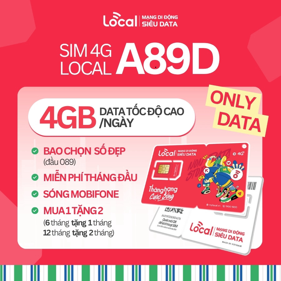 Sim Data 4G-5G Local 4GB/ngày có eSIM A89D 120GB/tháng Tốc Độ Cao Kích Hoạt Tại Nhà Chọn Số Đẹp Thoả