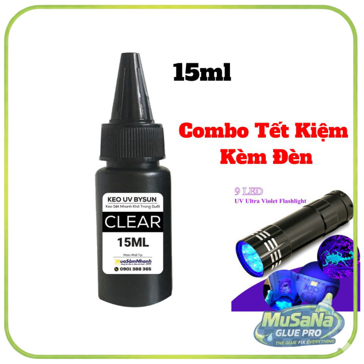 Combo Keo UV Kèm Đèn Uv Bysun Clear Trong Suốt Dán Kính, Dán Thép, Dán Mica BB010 15ml