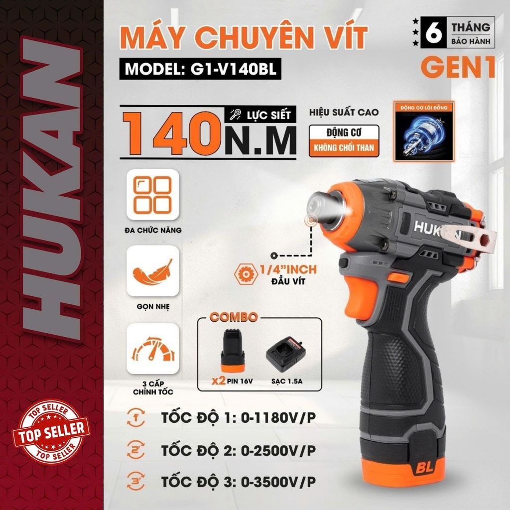Máy chuyên vít có búa dùng pin HUKAN G1-V140BL 140Nm 3 tốc độ chỉnh nhanh Không chổi than
