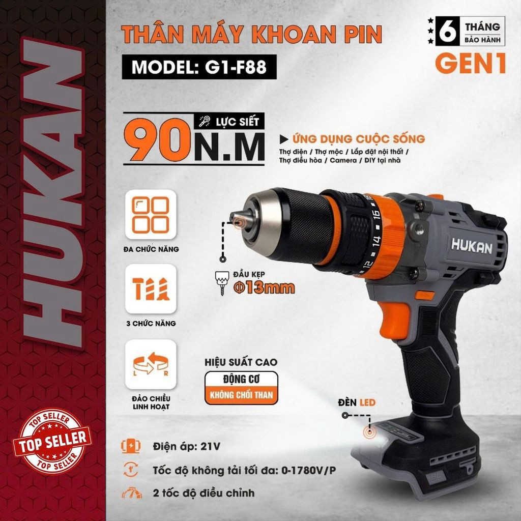MỚI THÂN MÁY KHOAN PIN Hukan 13MM – F G1-F88 , Máy khoan không chổi than