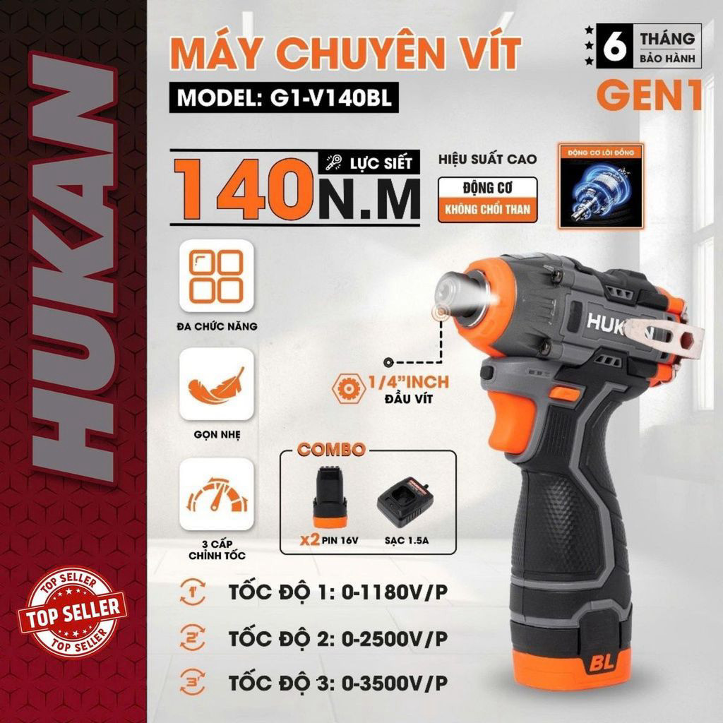 Chính hãng Máy chuyên vít có búa dùng pin HUKAN G1-V140BL - 140Nm - 3 tốc độ chỉnh nhanh - Không chổ
