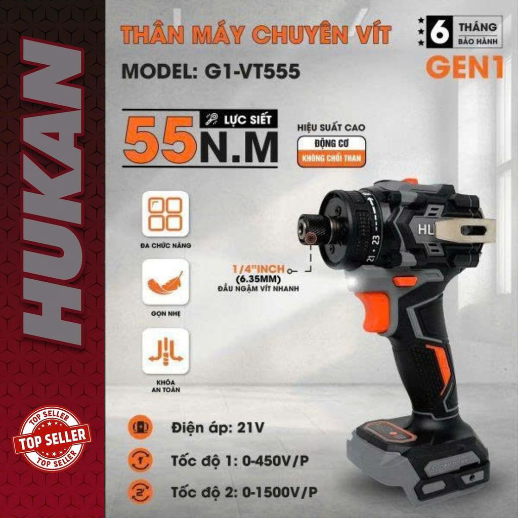 Chính hãng Thân máy chuyên vít Trượt Hukan G1-VT555 - Lực siết 55N.m - Động cơ không chổi than - Châ
