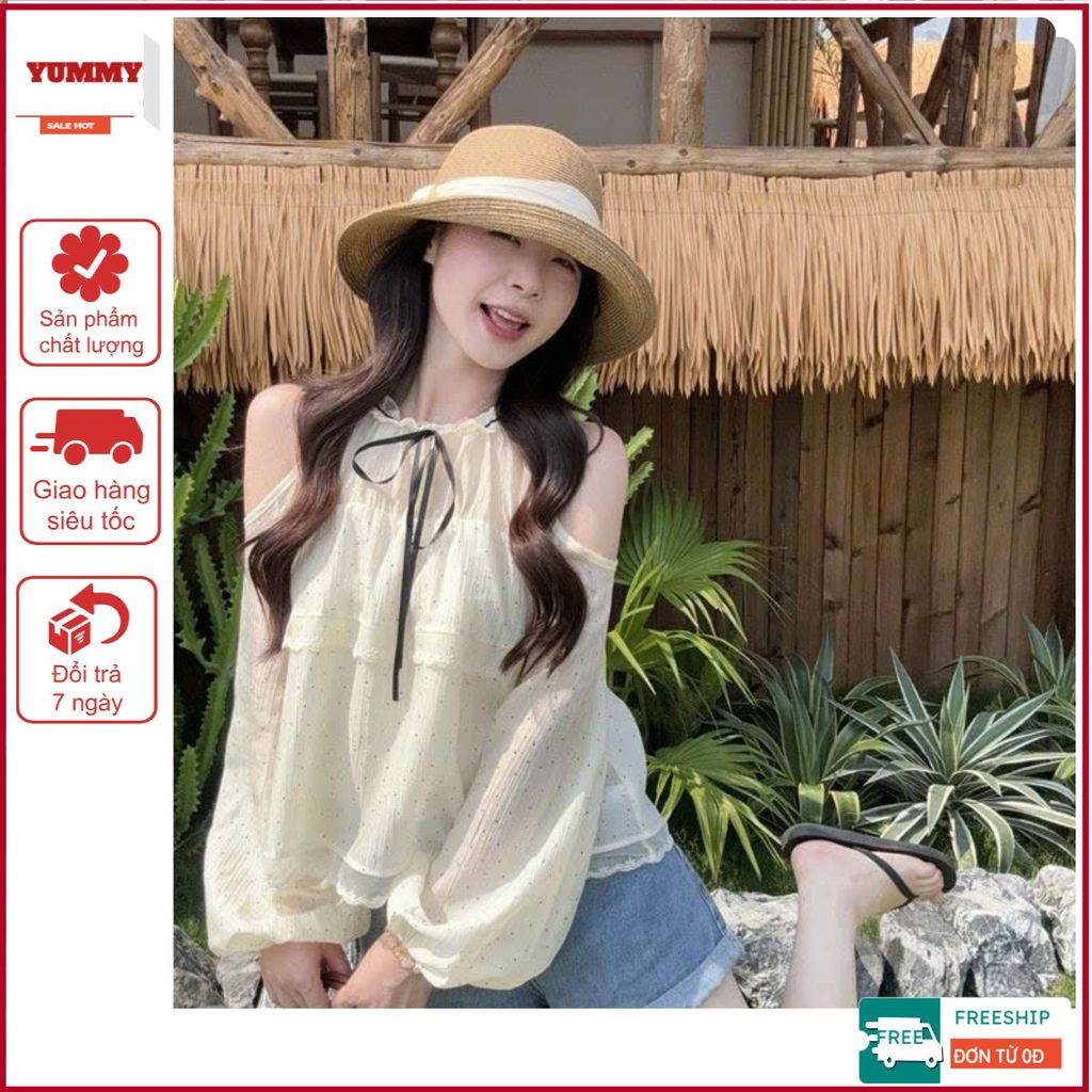 Áo sơ mi ren chấm bi YUMMY phối nơ đen, Áo trễ vai cổ bèo tay phồng phong cách thanh lịch A78 | BigBuy360 - bigbuy360.vn