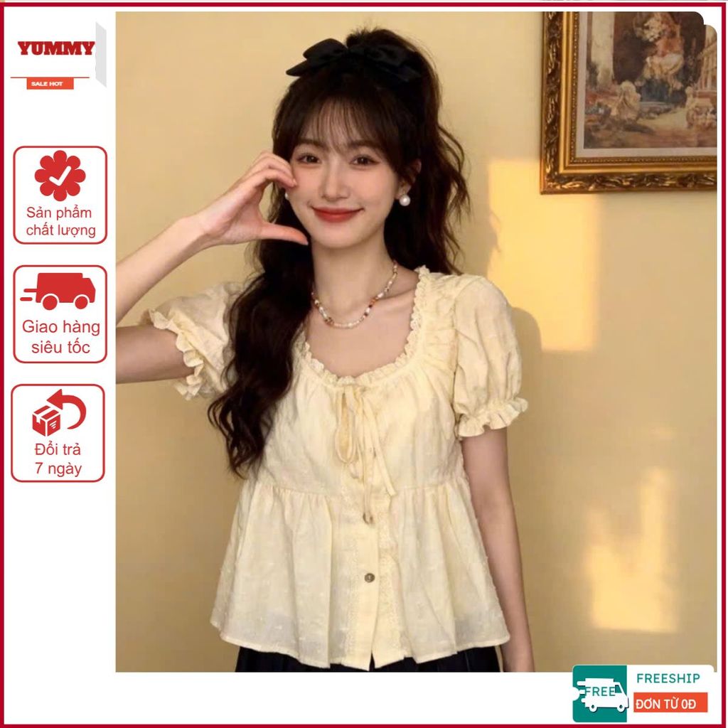 Áo kiểu nữ YUMMY dáng babydoll viền bèo thắt nơ, Áo sơ mi dáng suông rộng phong cách Hàn Quốc S11 | BigBuy360 - bigbuy360.vn