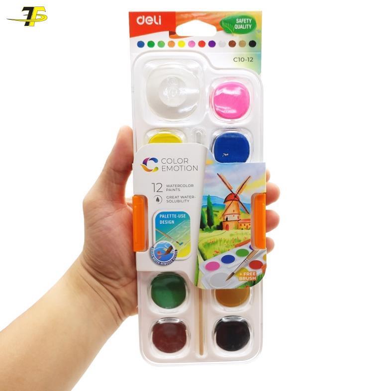 Màu Nước Dạng Nén + 1 Cọ Vẽ - Deli EC10-8 (8 màu) / EC10-12  (12 màu)