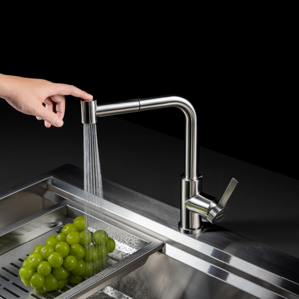 Vòi rửa chén nóng lạnh Malloca LuxSteel K066-PO - Inox 304 - Có dây rút