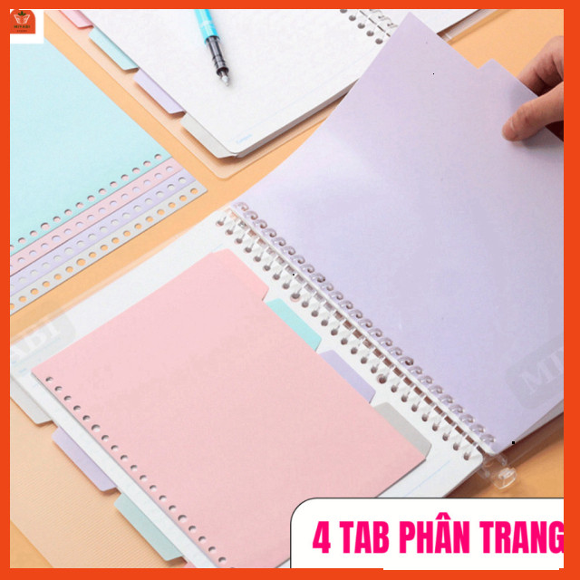 Set 4 tấm tab phân trang tab chia trang 4 màu pastel A5 B5 A4 20 26 30 lỗ bìa phân trang sổ còng dụn