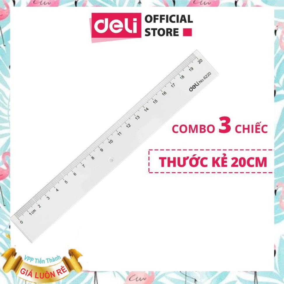 Thước kẻ nhựa học sinh 20cm Deli 6220, trong suốt - Combo 3 chiếc - E6220