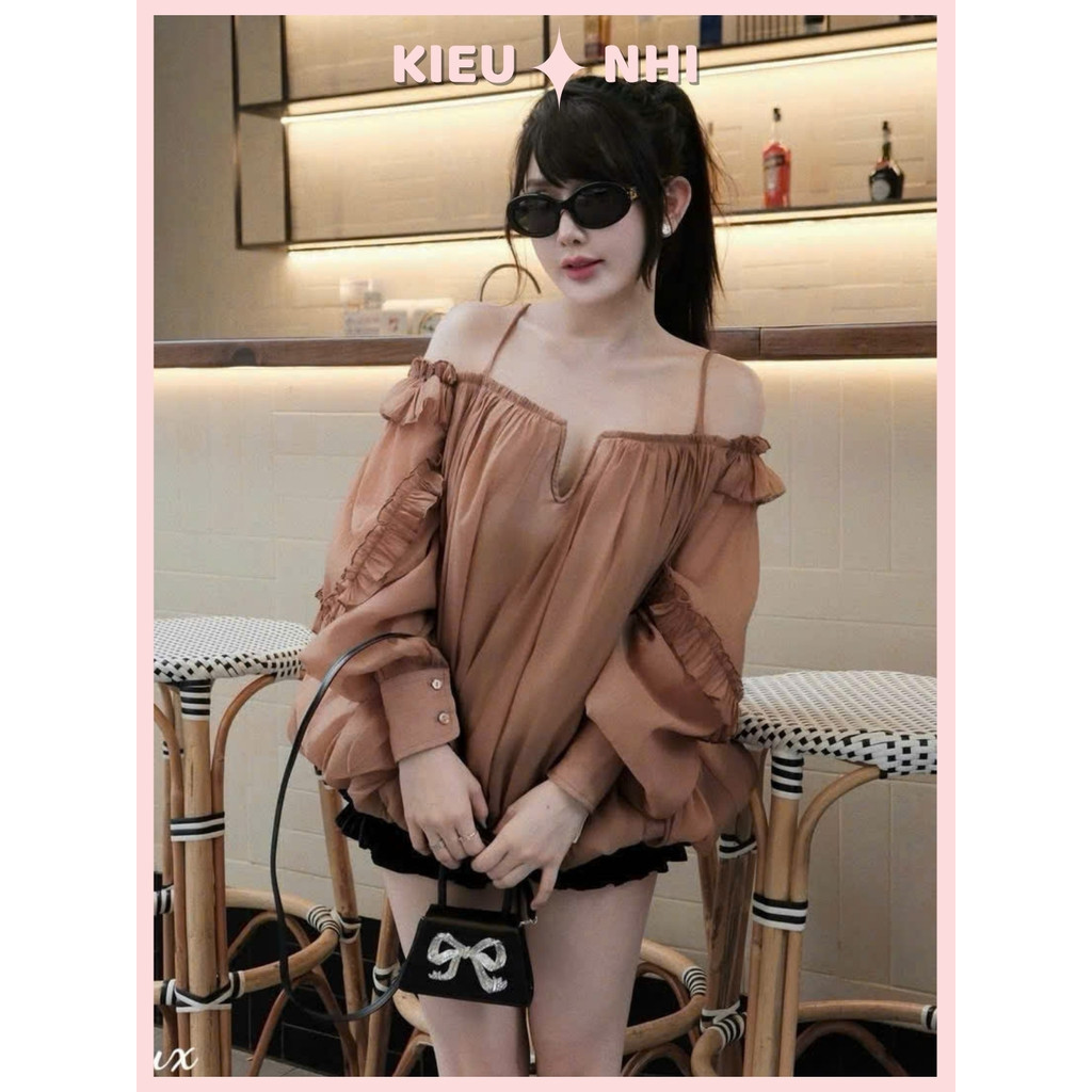 Set Bộ Nữ Áo Tơ Trễ Vai Tay Dài Phối Bèo Mix Chân Váy Xếp Ly - Set Đồ Nữ Sang Chảnh Tiểu Thư Đi Cafe