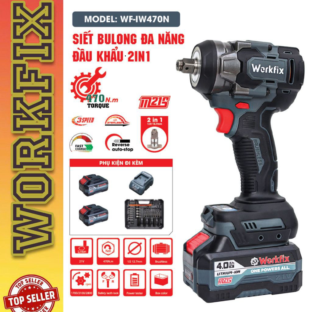 Hot Máy siết bulong WORKFIX WF-IW470N đầu 2 trong 1 - Lực siết 470Nm - Bảo hành chính hãng 12 tháng