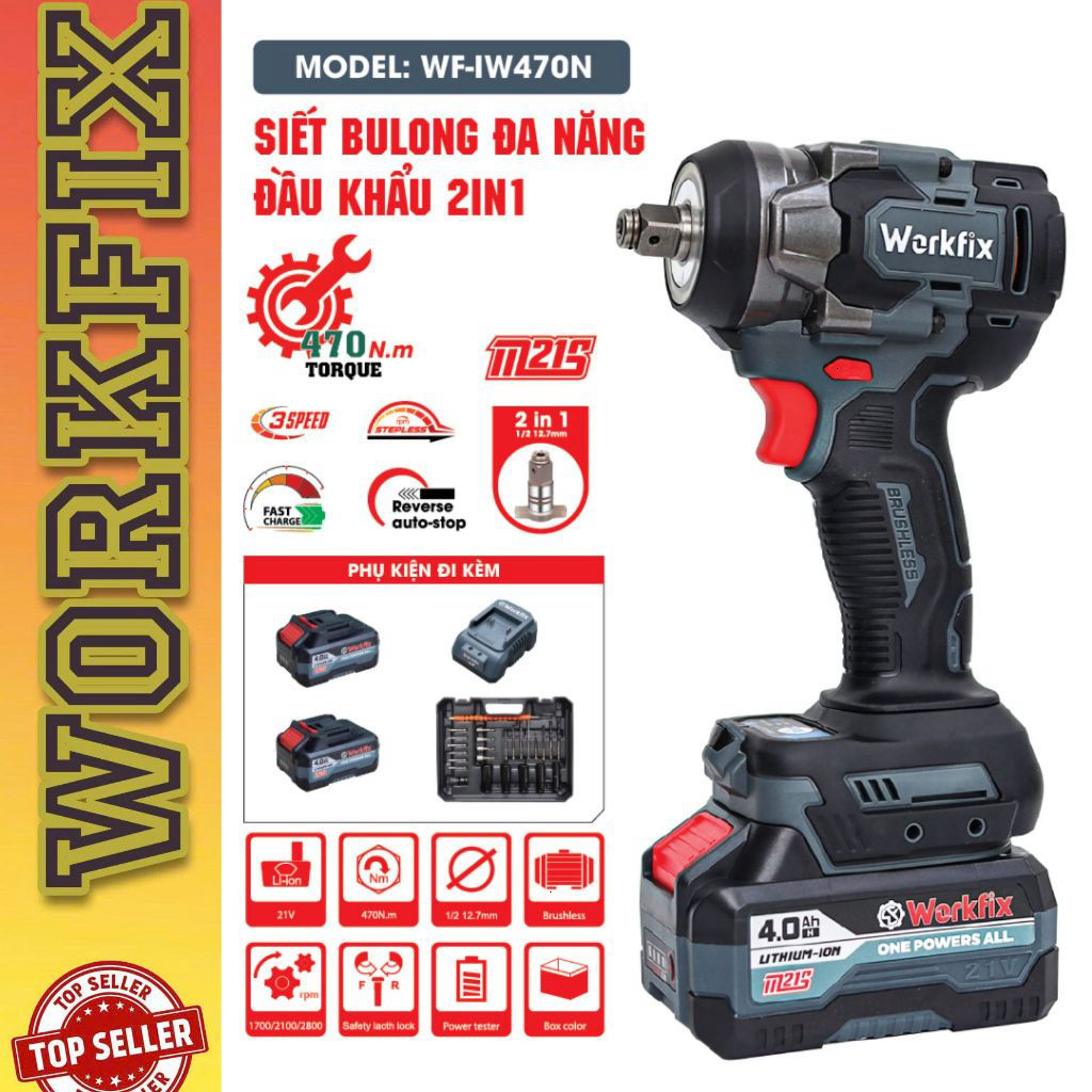 Máy siết bulong WORKFIX WF-IW470N đầu 2 trong 1 - Lực siết 470Nm - Bảo hành chính hãng 12 tháng Giảm