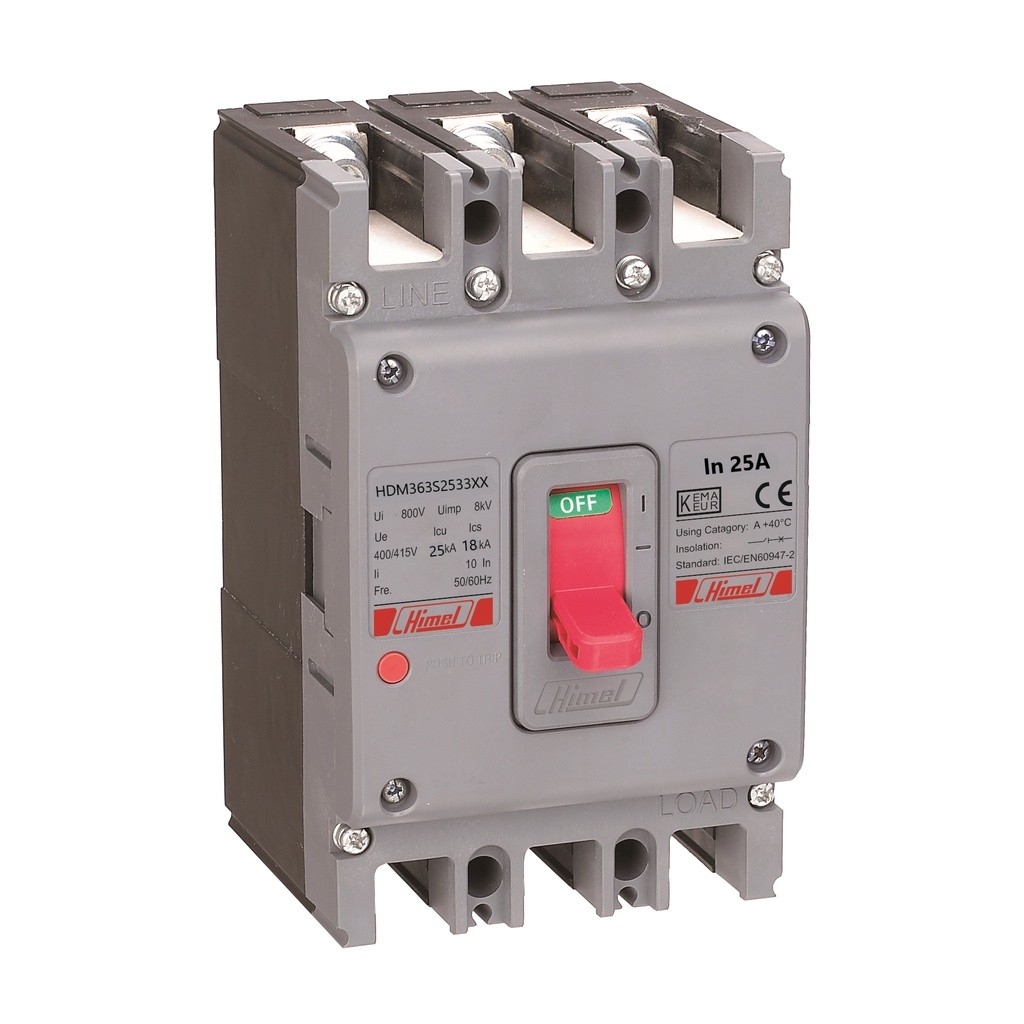 Atomat dạng khối, số cực 3P, điện áp 400-415V, dòng định mức 25A, dòng cắt ngắn mạch 25kA, MCCB 3P 2
