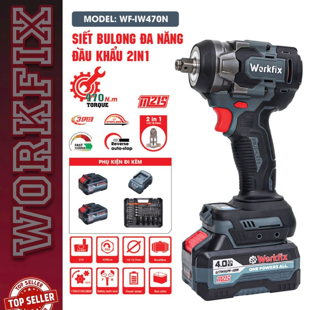 Khuyến mại Máy siết bulong WORKFIX WF-IW470N đầu 2 trong 1 - Lực siết 470Nm - Bảo hành chính hãng 12