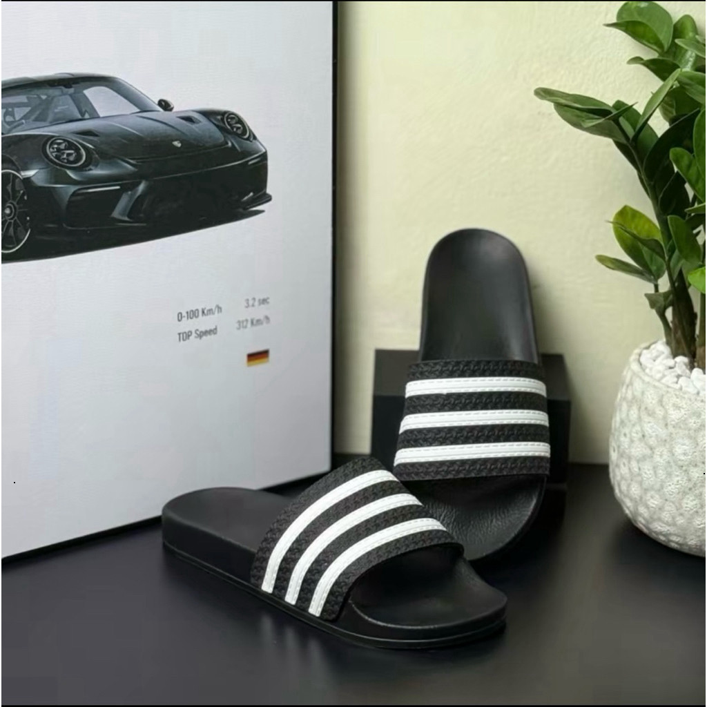Dép Quai Ngang ADIDAS 3 Sọc Trắng Đen Nam Nữ Đế Cao Su Đúc - -