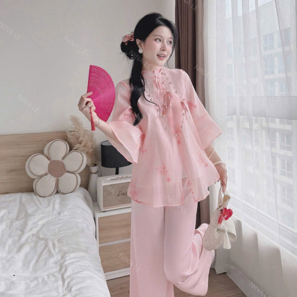 [Luna chọn] Set bộ cách tân đồ lam cho nữ voan tơ tay loe cổ tàu cột nơ in hoa đi chùa, lễ tết Shop 