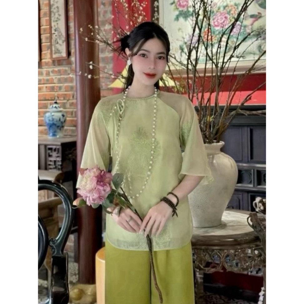 [Luna chọn] SET CÁCH TÂN ÁO TƠ THÊU HOA NỚI KÈM QUẦN DÀI SUÔNG , mặc tết, ,đi chùa, lễ hội,chụp Shop
