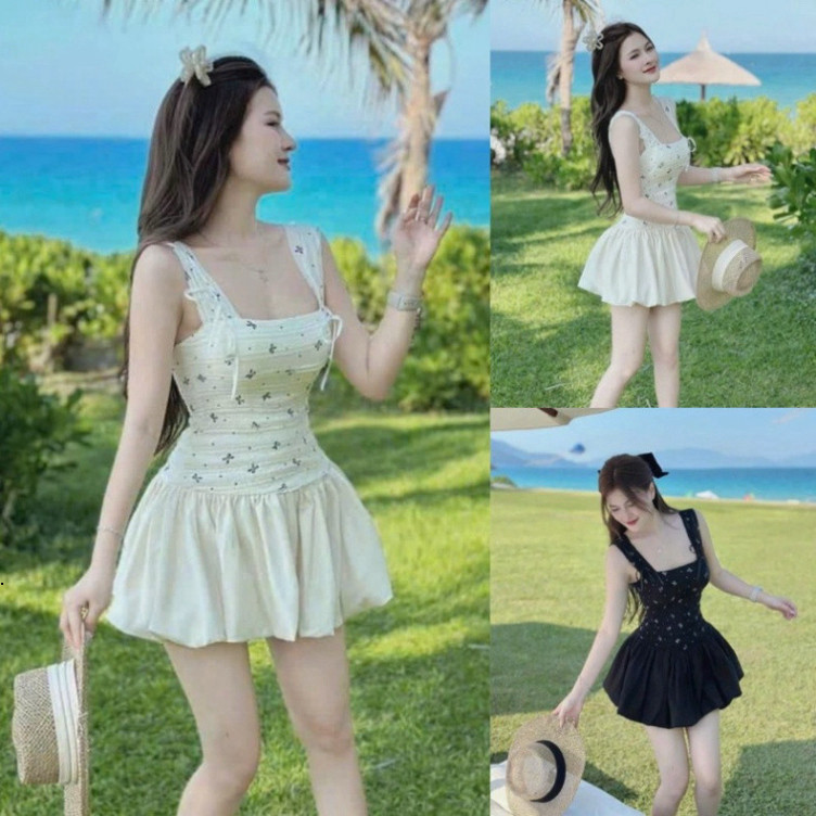 [Luna chọn] Đầm nữ thun xốp phối mango hai dây cột nơ ôm body, dáng xòe phồng tiểu thư có mút lót QC