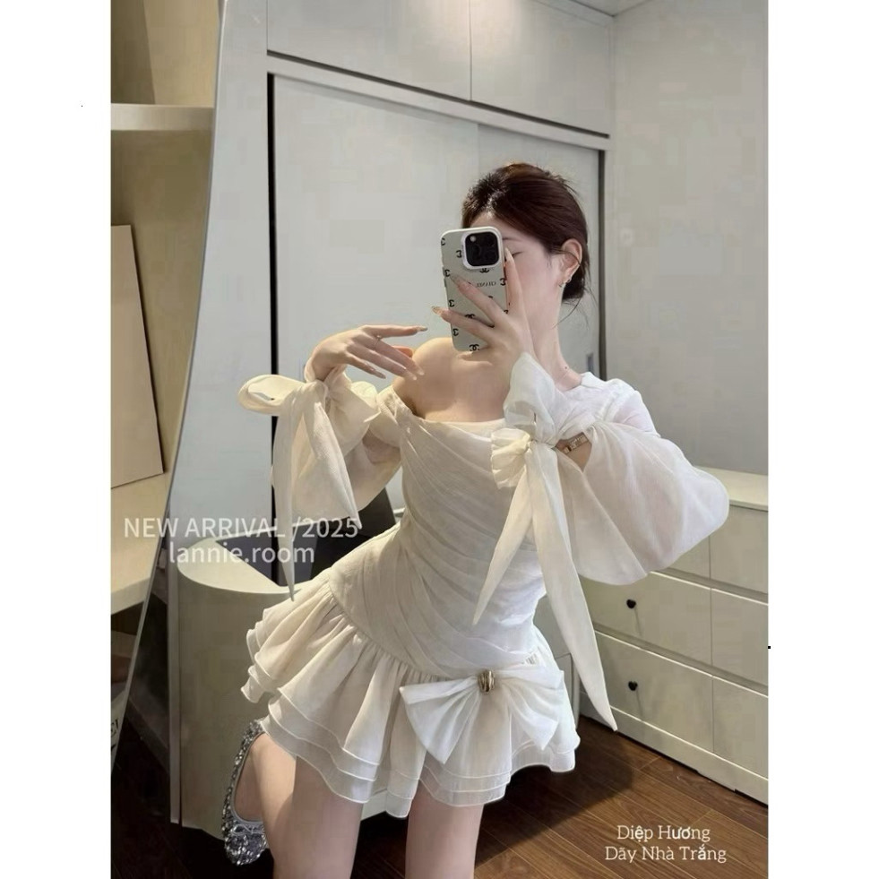 [Luna chọn] Váy tơ lệch vai “ NƠ ĐÍNH VÁY “ tiểu thư thiết kế Shop Bơ Store Luna