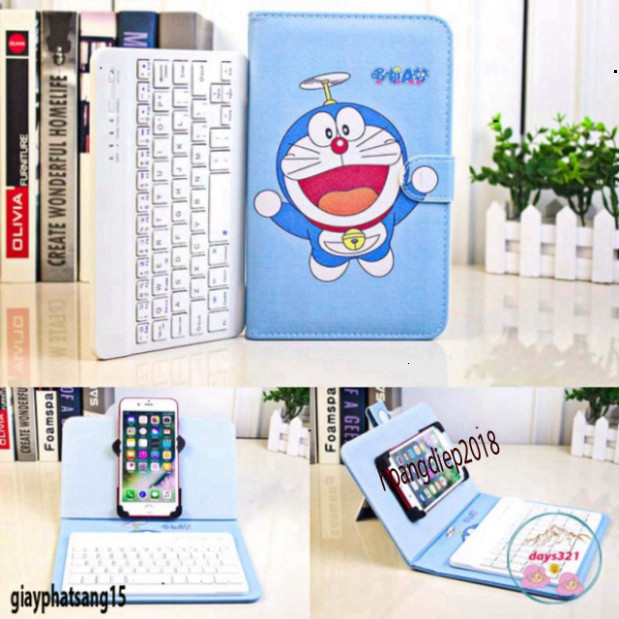 Bao Da Kèm keyboard Bluetooth HÌNH đô rê mon Cho Iphone / Android 4.5-6.8inch đazinăng doraemon