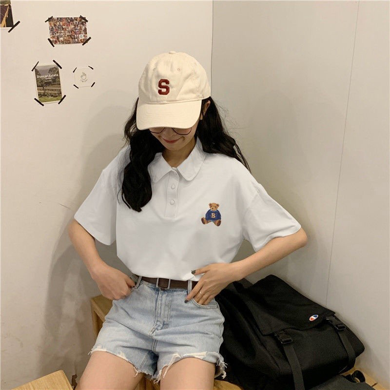 Áo polo nữ hình gấu form rộng có cổ đẹp chất cotton form unisex PL006 Miucho in hoạ tiết