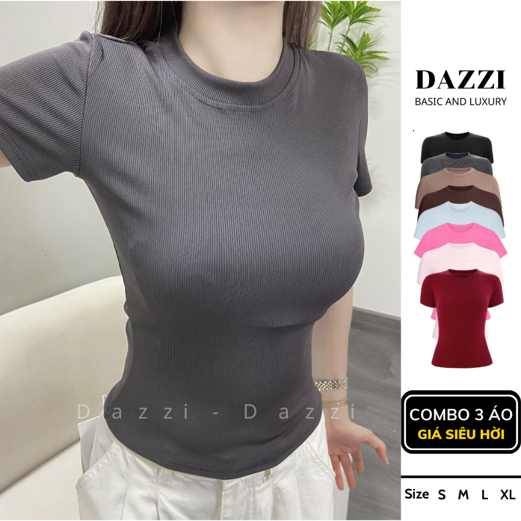Áo thun cổ tròn DAZZI BRAND chất thun gân tăm,Áo thun nữ form ôm Babytee,áo thun body thắt eo A01
