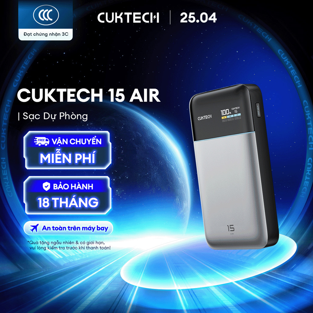 CUKTECH 15 AIR Sạc Di Động 2C1A | Công Suất 100W Max | Dung Lượng 15.000mAh | Bảo Hành 18 Tháng PB150S