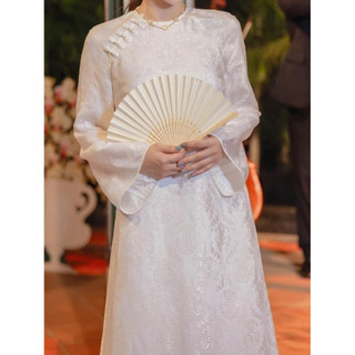 Vải lụa may áo dài ,Lụa Nha Xá, Mã TR01 - Họa tiết Thọ dơi trắng, trắng thuần,Nhung Silk,Nha Xá Silk