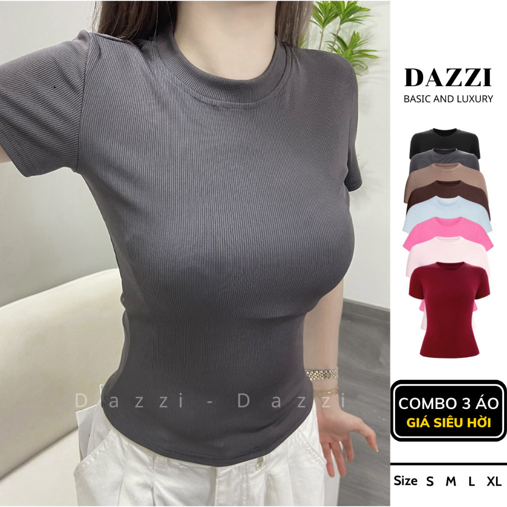 déd déd Áo thun cổ tròn DAZZI BRAND chất thun gân tăm,Áo thun nữ form ôm Babytee,áo thun body thắt e
