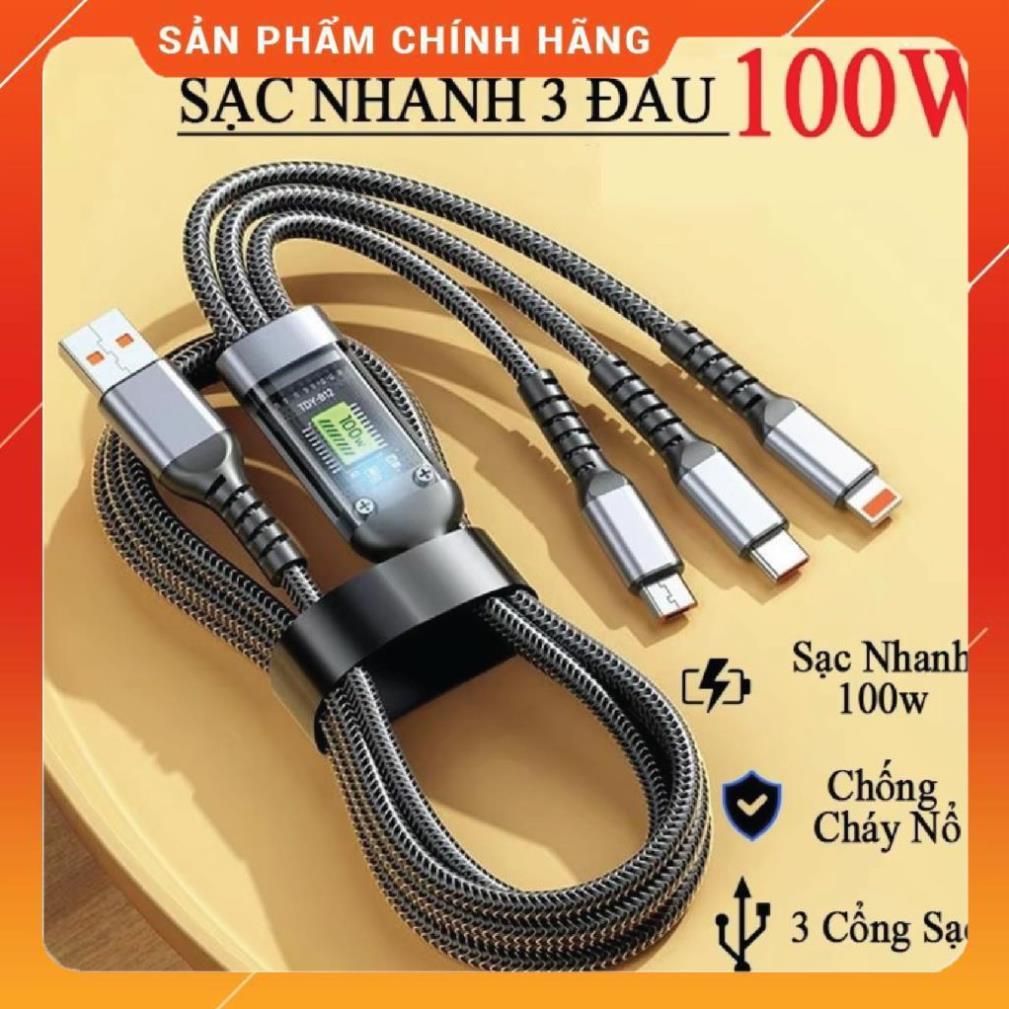 Cáp Sạc Nhanh 3 Đầu 100W Dài 1.2m. Bộ Sạc Nhanh 3 Trong 1 Chống Đứt - Dây sạc 3 in 1, Cáp sạc 4 in 1