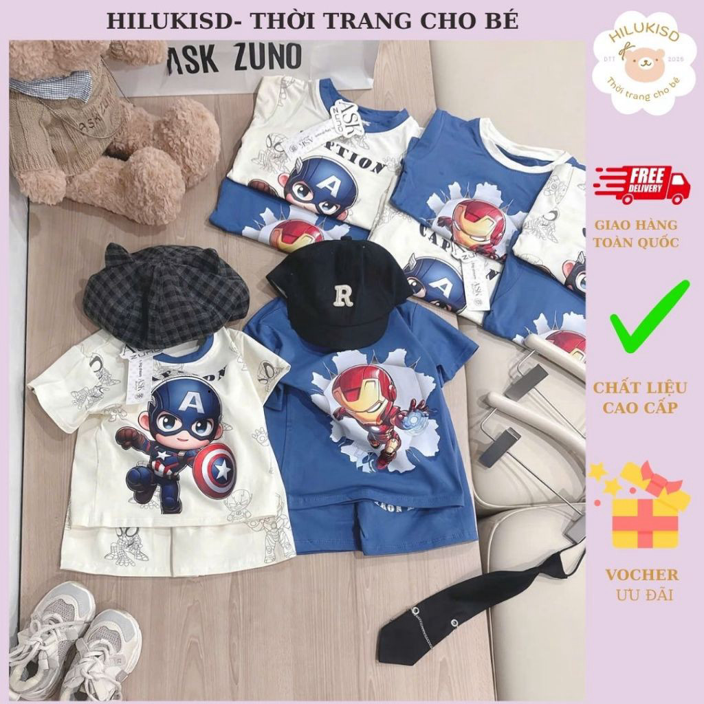 HILUKISD Sét 2 bộ cộc tay siêu nhân tone xanh trắng cho bé tra 8-25kg MD4