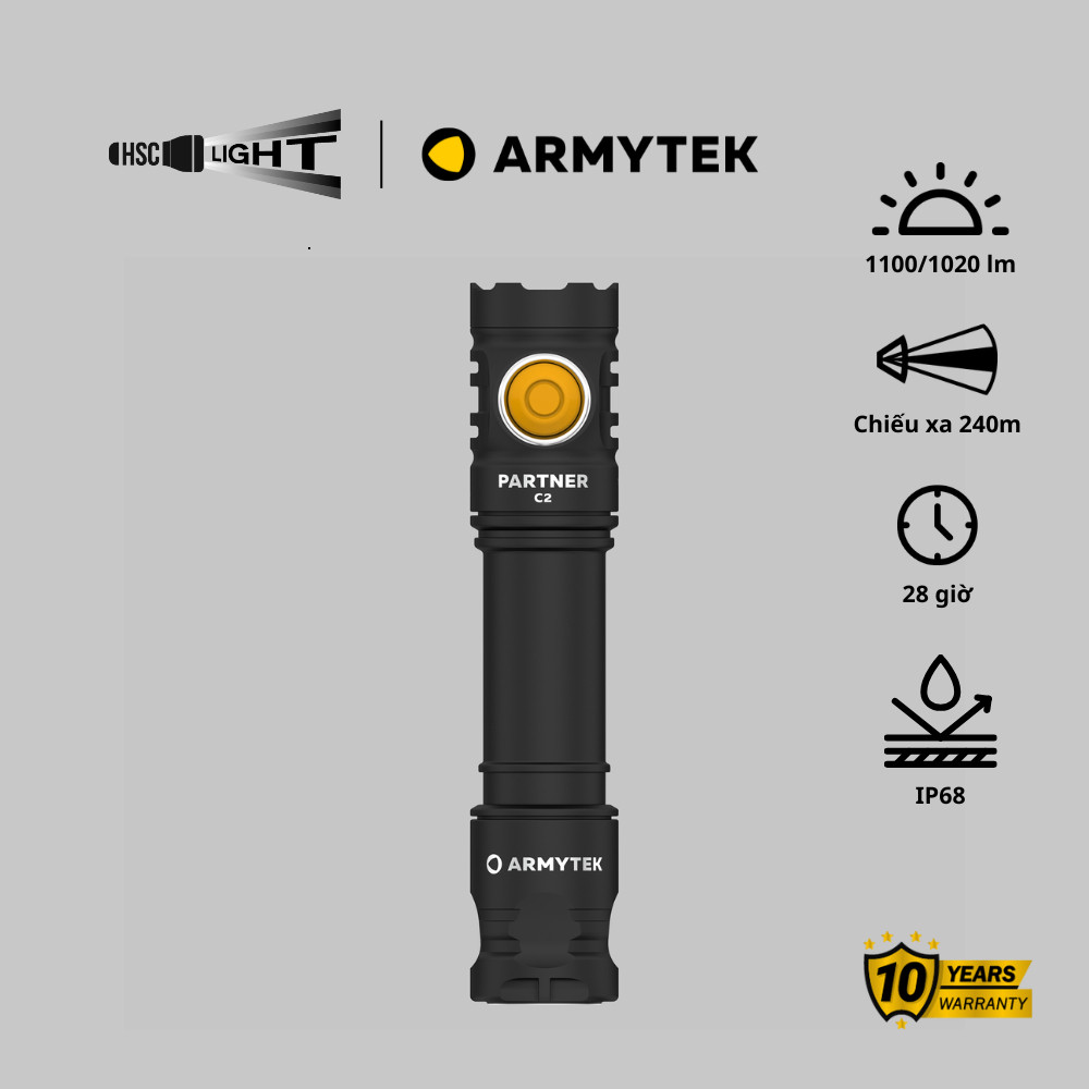 Đèn Pin Tactical Armytek Partner C2 | Chiếu Xa 220m, 1300 Lumens | Pin 18650, USB Magnet |TRẮNG/VÀNG