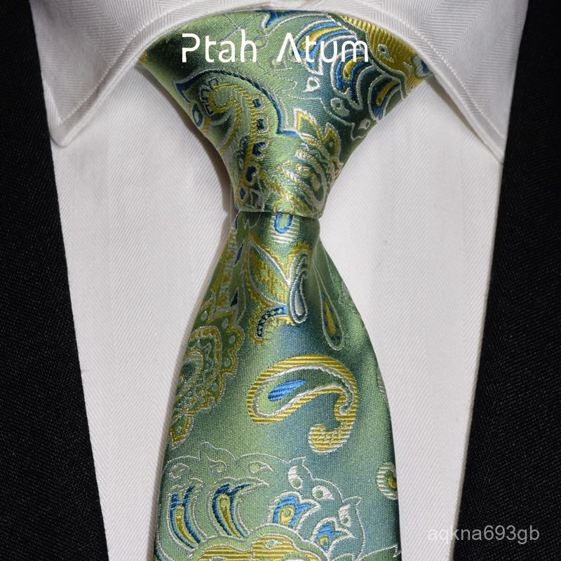 Ptah Atum Cà vạt dự tiệc Cà vạt lụa Màu xanh lá cây Họa tiết con công Cà vạt trang phục cưới lịch sự