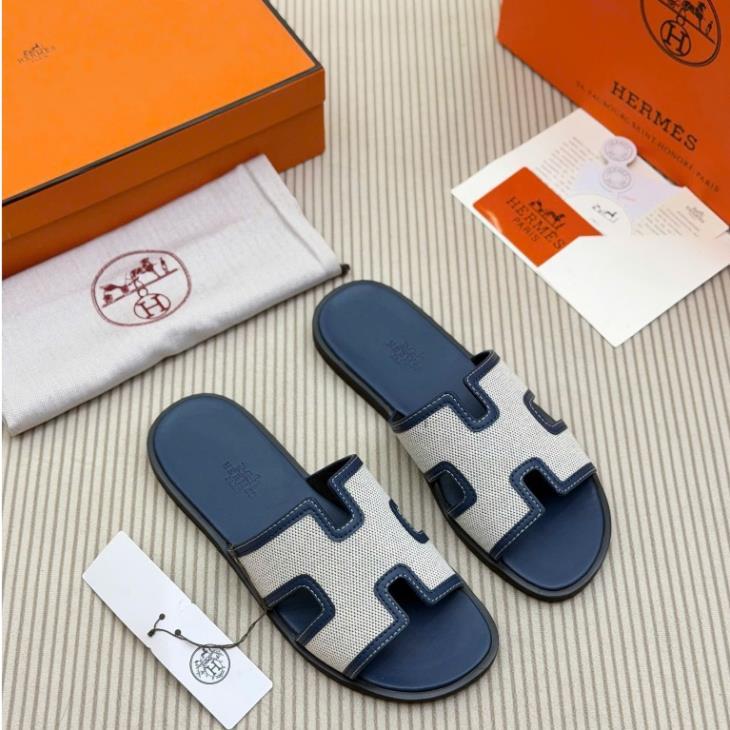 [Tặng Hộp] Dép HM Oran Sandal Canvas Phối Da Xanh Navy
