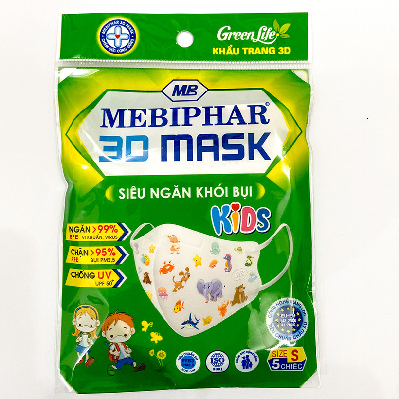 Combo 5 Túi Khẩu Trang Trẻ Em Mebiphar 3D Ôm Mặt Thoáng Khí, Hỗ Trợ Ngăn Bụi Cho Bé