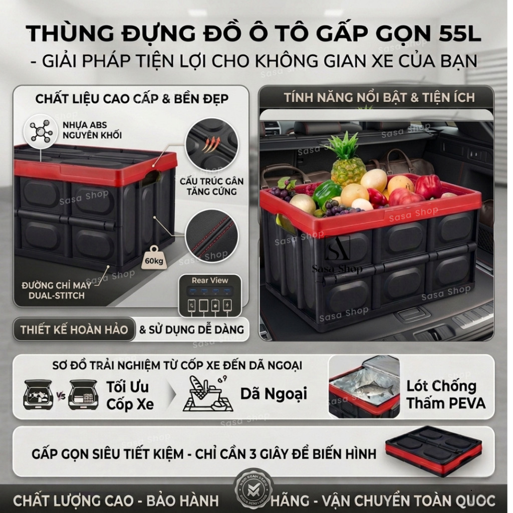 Thùng đựng đồ ô tô gấp gọn dung tích 30 và 55L đi camping, du lịch