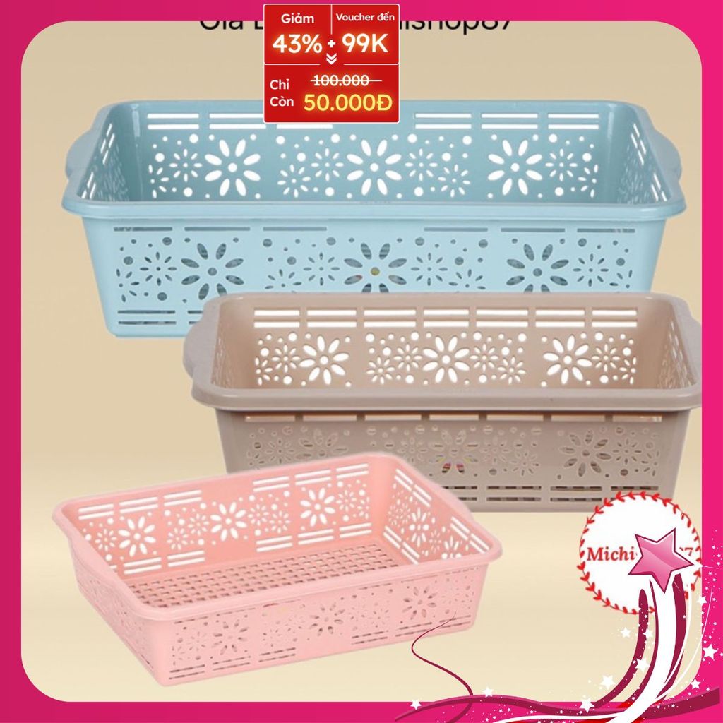 [bán chạy] Rổ nhựa chữ nhật hoa 3 size rổ đựng hoa quả ,rổ đựng đồ dùng học tập ,đồ dùng cá nhân [nh